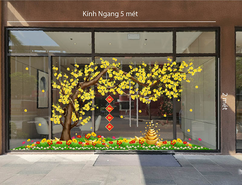 Decal dán tường Decal cây mai vàng chúc mừng năm mới dán cửa ra vào toà nhà văn phòng chung cư
