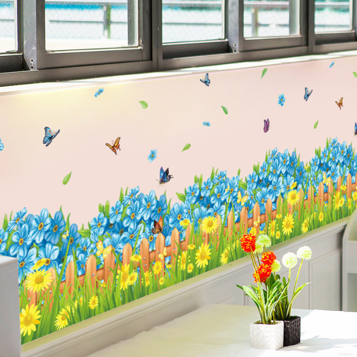 Decal dán tường Decal chân tường decal chân tường hoa vàng và bướm bay, màu tím, dán góc cầu thang, size 1,36 x 0,40(m)(dài x rộng) ở TPHCM