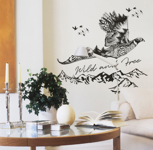Decal dán tường Decal dán decal chim trĩ cùng non sông núi đồi cây lá, dán theo sở thích, trang trí quán cafe