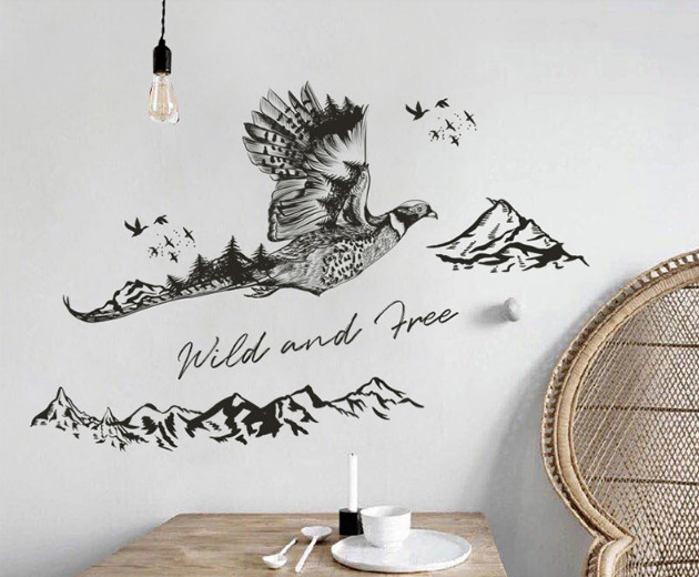 Decal dán decal chim trĩ cùng non sông núi đồi cây lá, dán theo sở thích, trang trí quán cafe - 2