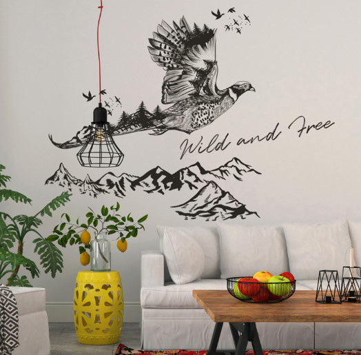 Decal dán decal chim trĩ cùng non sông núi đồi cây lá, dán theo sở thích, trang trí quán cafe - 3
