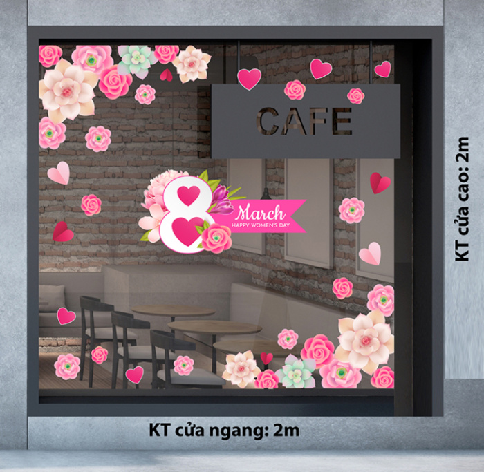 Decal dán tường Decal chữ 8 tháng 3 (8/3) hoa hồng 8/3