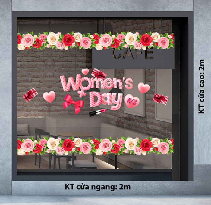 Decal dán tường Decal chữ 8 tháng 3 (8/3)  hoa hồng đỏ tươi thắm