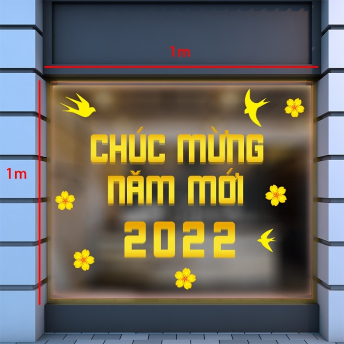 Decal chữ chúc mừng năm mới 2022 màu vàng và chim én - 