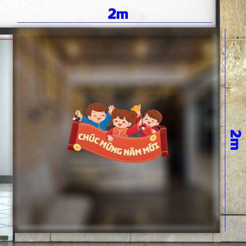 Decal dán tường Decal chữ chúc mừng năm mới có hình các bé vui nhộn đón xuân