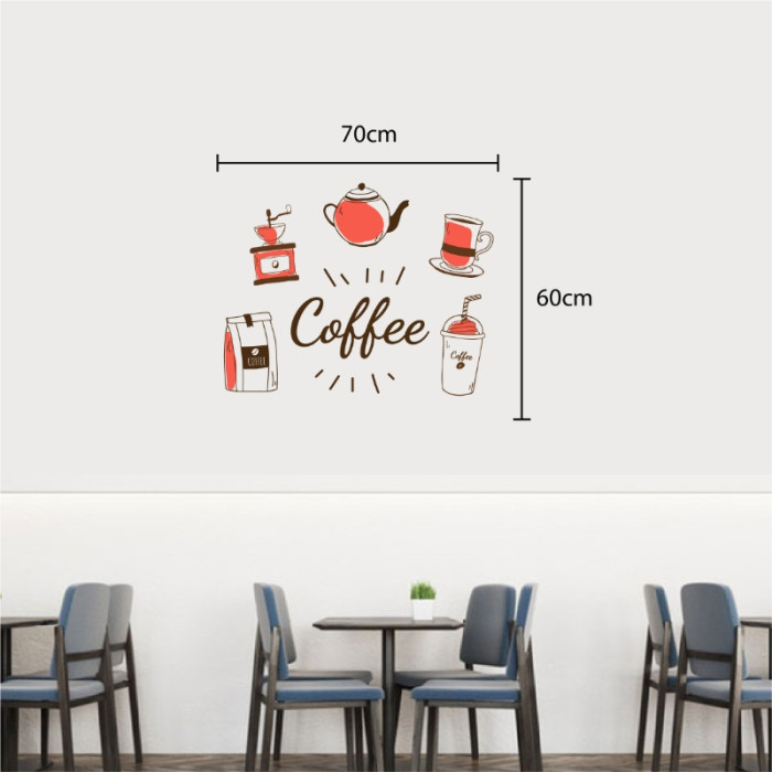 Decal dán tường chữ coffee và các vật dụng màu đỏ, dán quán cafe, đẹp TPHCM - 3