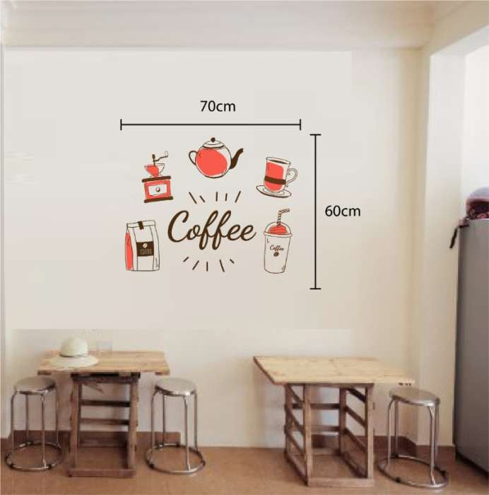 Decal dán tường chữ coffee và các vật dụng màu đỏ, dán quán cafe, đẹp TPHCM - 1
