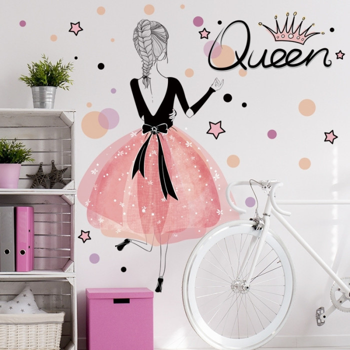 Decal dán hình công chúa váy hồng áo đen, kiểu hàn quốc, dán phòng cho bé gái ở TPHCM 【Có thi công】 - 3
