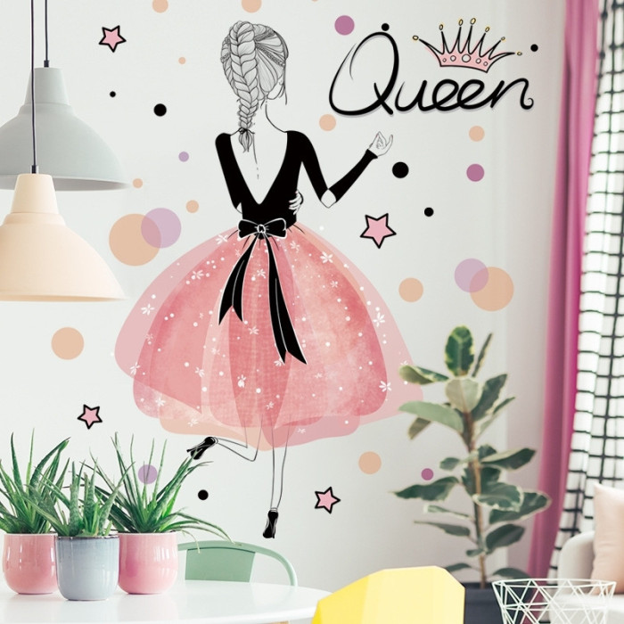 Decal dán hình công chúa váy hồng áo đen, kiểu hàn quốc, dán phòng cho bé gái ở TPHCM 【Có thi công】 - 4