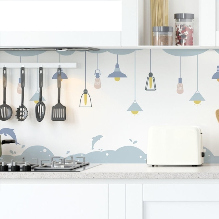 Decal dán tường Giấy decal dán bếp màu trắng xanh dây bóng đèn đẹp khổ 0.6m x 5m chống dầu mỡ