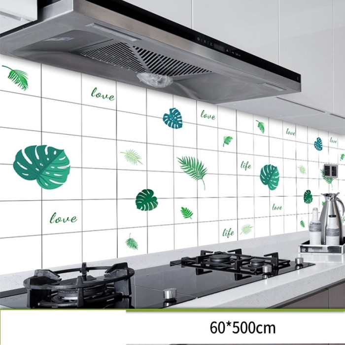 Decal dán tường Giấy dán bếp màu trắng họa tiết lá xanh sọc ca rô chống dầu mỡ 0.6 m x 5 m