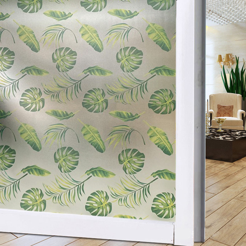 Decal dán tường Decal dán kính hoa văn lá nhiệt đới 90cm x 1m