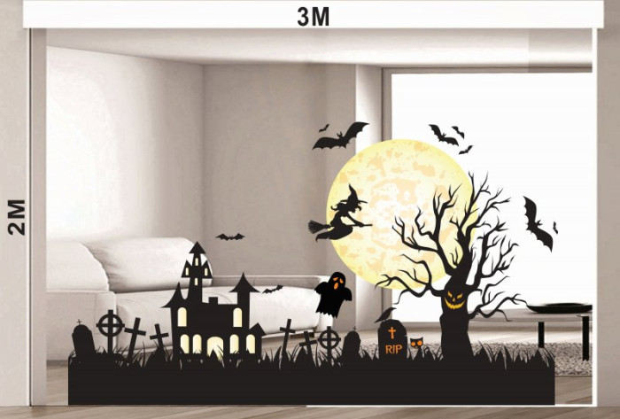 Decal dán tường Decal halloween lâu đài và cây bóng ma 2