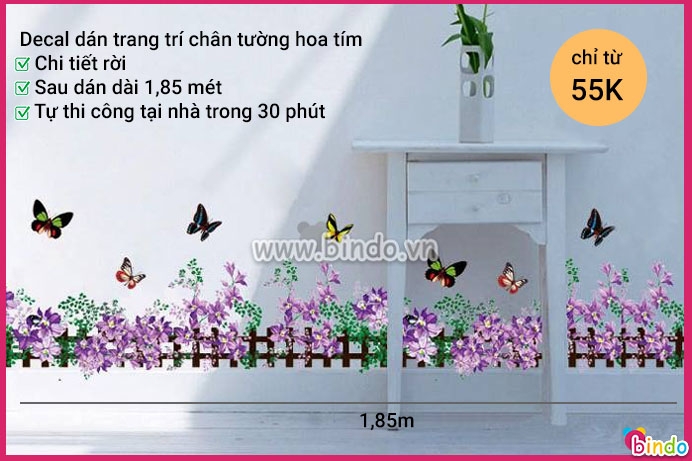 Decal dán tường Decal hoa tím bên hàng rào dán chân tường phòng khách, phòng ngủ, phòng bé đẹp dài 2,2 mét