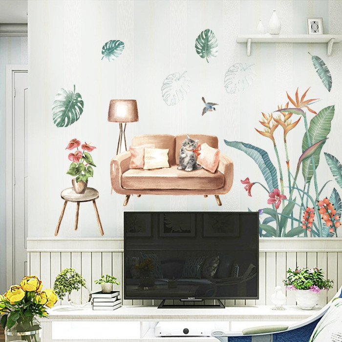 Decal dán tường decal lá xanh hoa sắc màu trang trí, chi tiết rời, trang trí phòng khách, cao cấp TPHCM - 3
