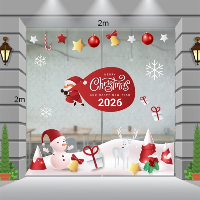 Decal dán tường Decal Ông già Noel phát quà màu đỏ 2025