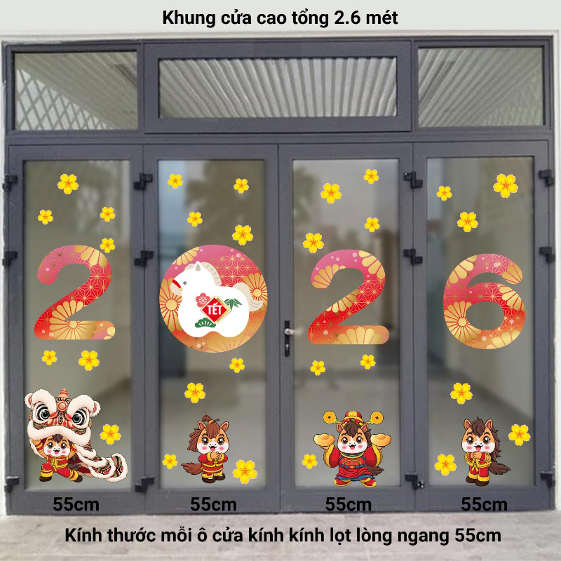 Decal dán tường Decal tết 2026 dán cửa ra vào 4 ngựa vui xuân