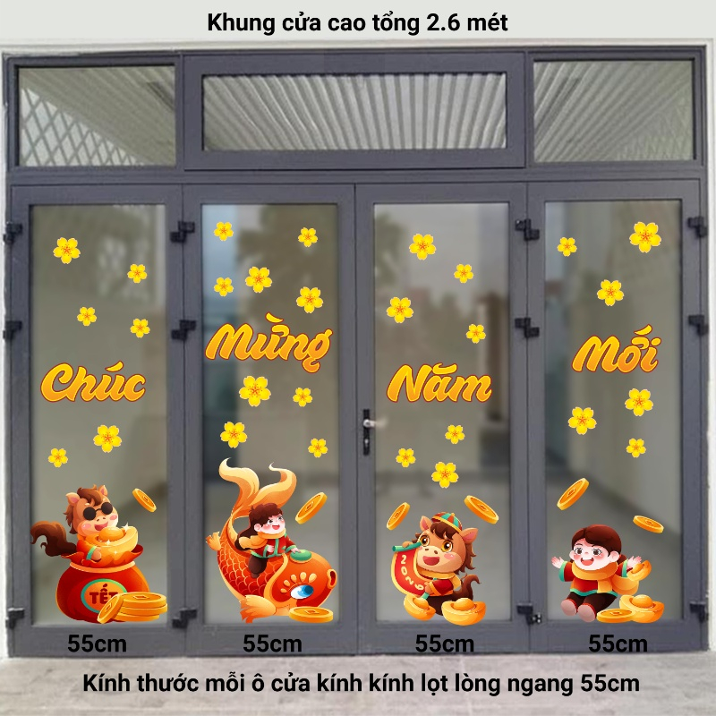 Decal dán tường Decal tết 2026 gia đình ngựa chúc mừng năm mới bính ngọ dán cửa ra vào