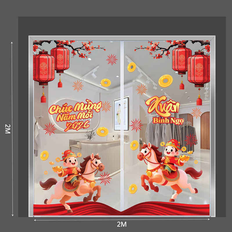 Decal dán tường Decal tết 2026 thần tài cưỡi ngựa vui xuân bính ngọ màu đỏ