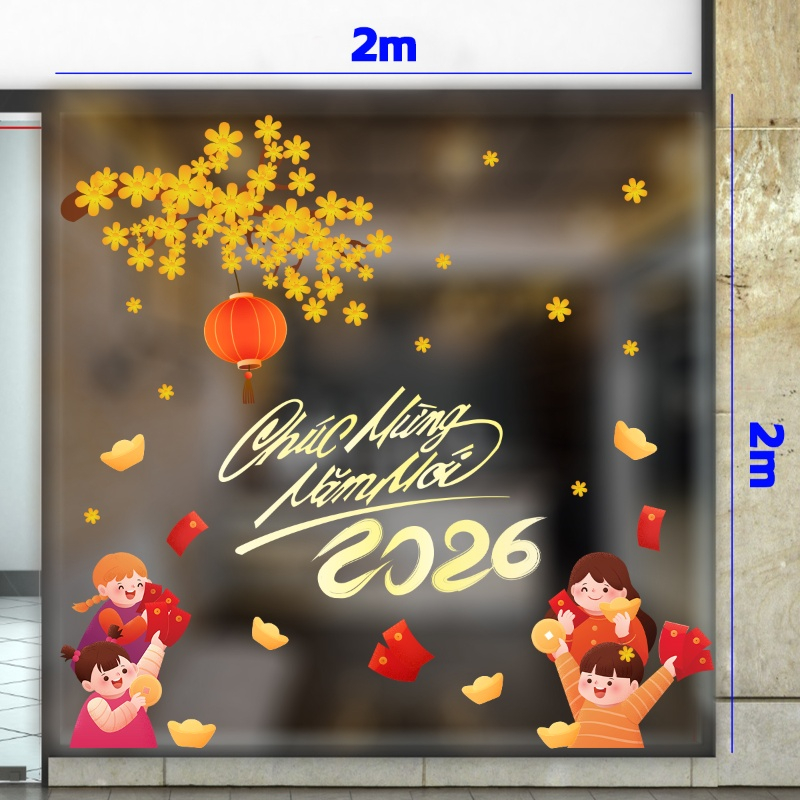 Decal dán tường Decal tết bé cầm lì xì chúc mừng năm mới bên mai vàng