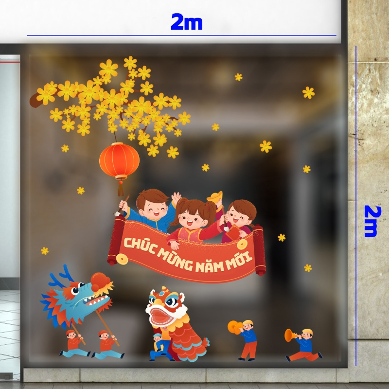 Decal dán tường Decal tết bé chúc mừng năm mới xem múa lân xanh bên mai vàng