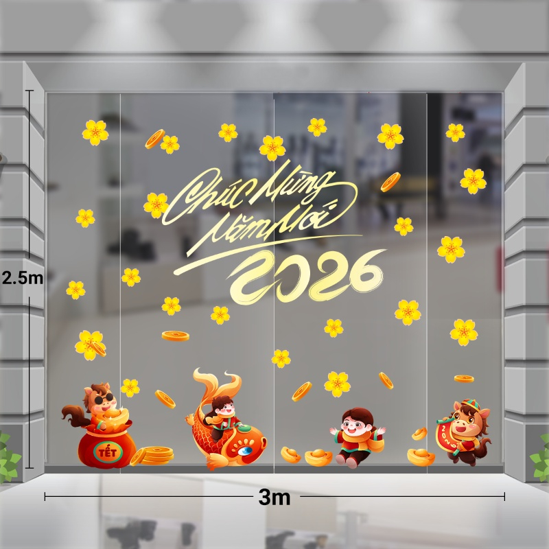 Decal dán tường Decal tết bính ngọ 2026 gia đình ngựa chúc mừng năm mới màu vàng
