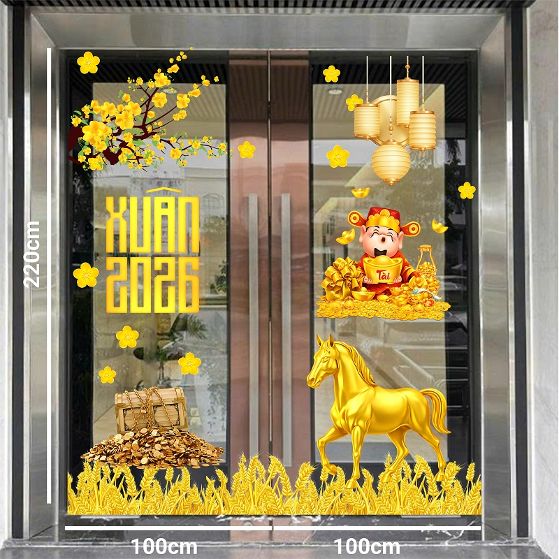 Decal dán tường Decal tết bính ngọ 2026 ngựa vàng vui xuân