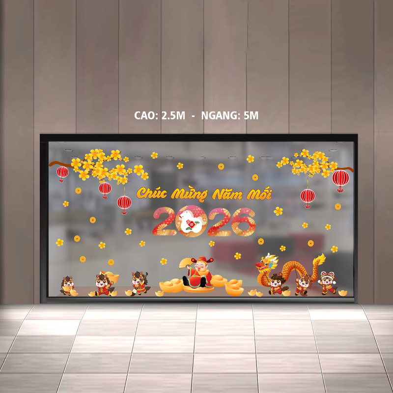 Decal dán tường Decal tết bính ngọ 2026 thần tài múa rồng đón xuân cùng gia đình ngựa dán cửa kính chung cư