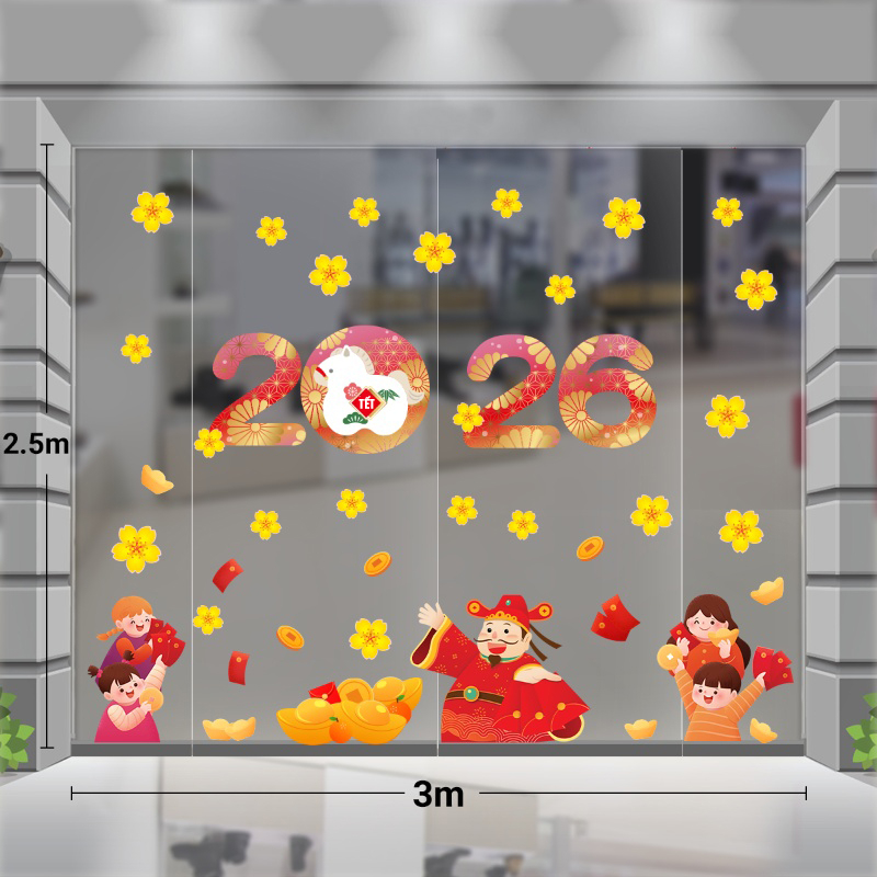 Decal dán tường Decal tết bính ngọ 2026 thần tài và bé chúc mừng năm mới
