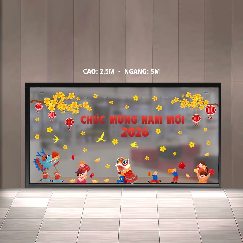 Decal dán tường Decal tết dán cửa kính văn phòng múa lân chúc mừng năm mới màu đỏ