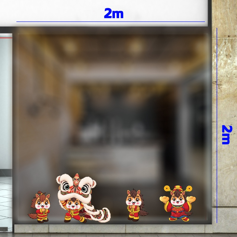 Decal dán tường Decal tết gia đình ngựa và thần tài múa lân đón xuân