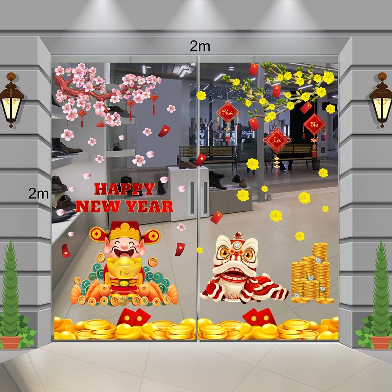Decal dán tường Decal tết thần tài và lân đón xuân rộn ràng