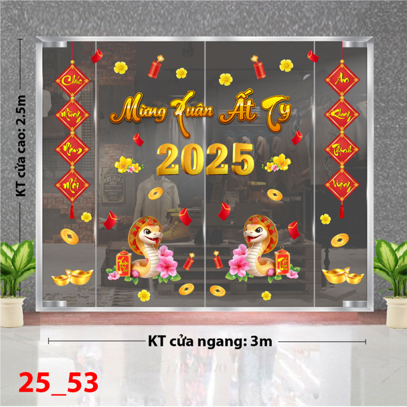 Decal dán tường Decal  Tết xuân 2025 -    Combo Tết 53 Hai chú rắng và cành mai