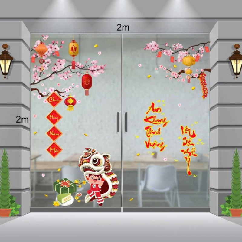 Decal dán tường Decal Tết xuân 2025 - Bé múa lân bên hoa đào