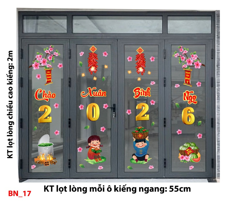Decal dán tường Decal Tết xuân 2026 -Cửa 4 cánh số 17