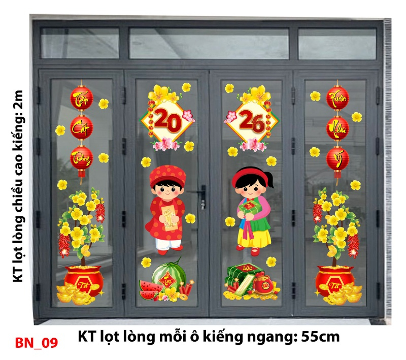 Decal dán tường Decal Tết xuân 2026 -Cửa 4 cánh số 9