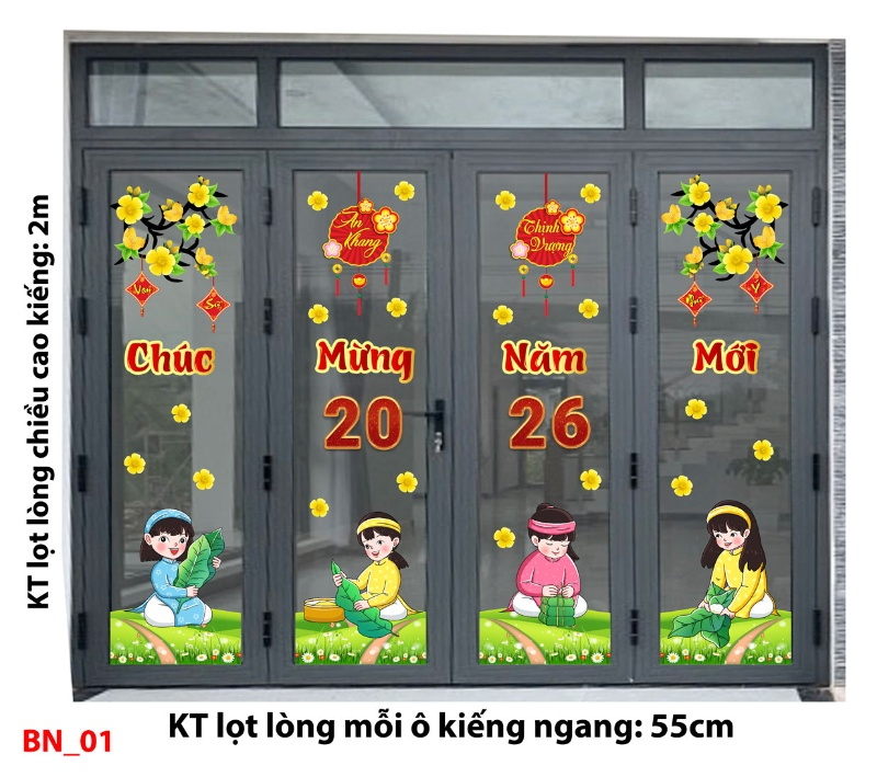 Decal dán tường Decal Tết xuân 2026 -Cửa 4 cánh số 1
