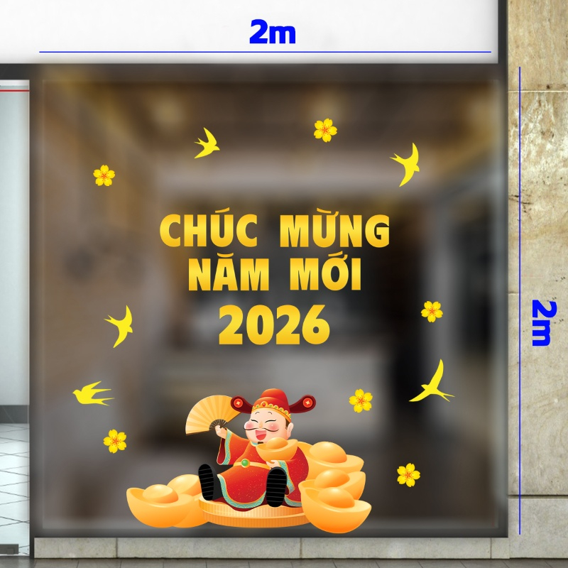 Decal dán tường Decal thần tài áo đỏ cầm quạt đón xuân 2026 bên vàng rồng