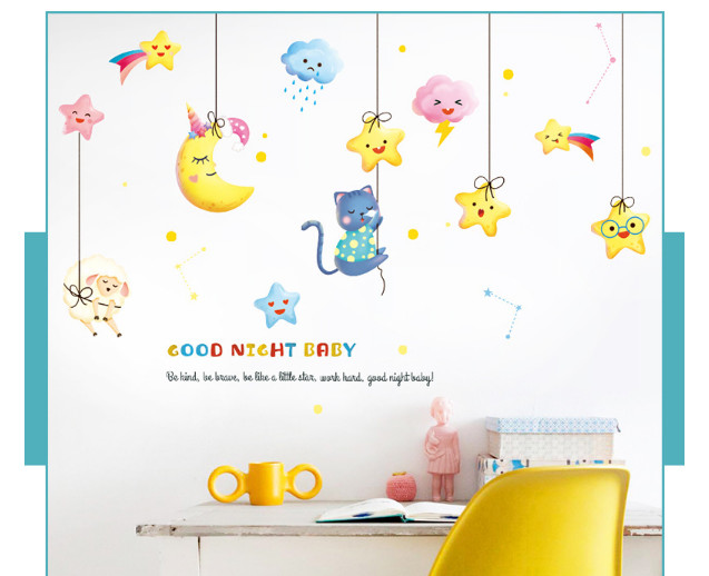 Decal dán tường Decal dán tường decal trăng sao vui đùa, phong cách hàn quốc, dán phòng bé gái, độc đáo tại TPHCM
