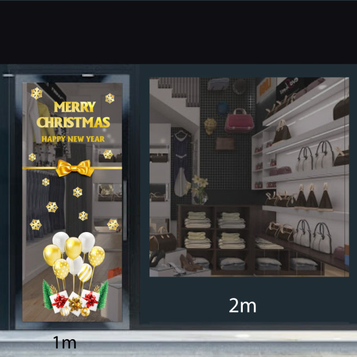 Decal dán tường Decal Noel Chữ merry christmas và bong bóng vàng