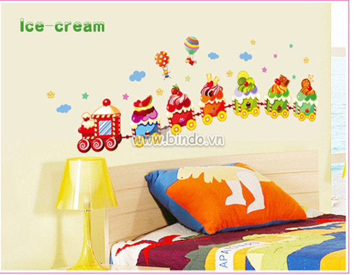 Decal dán tường Decal dán tường Đoàn tàu kem, có sẵn keo, dán phòng bé , tại TPHCM sau dán 1,5 x 0,6 (m) (dài x rộng)