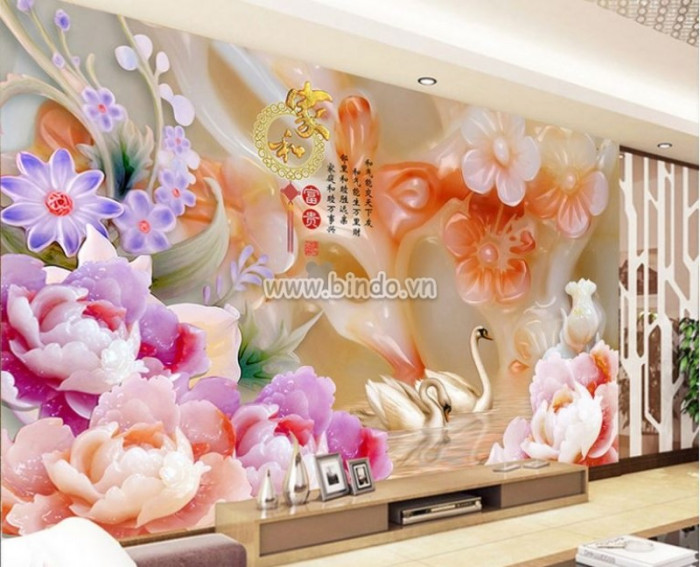 Tranh đôi thiên nga và hoa cúc 3D giả ngọc dán tường phòng khách đẹp