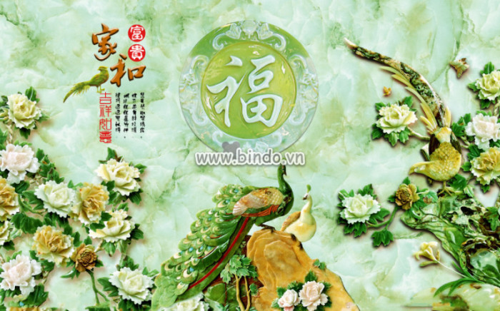 Tranh chim công và hoa mẫu đơn màu xanh lá cây giả ngọc bích khổ lớn dán tường