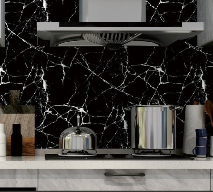 Decal dán tường Giấy dán bếp đá hoa cương đen trắng