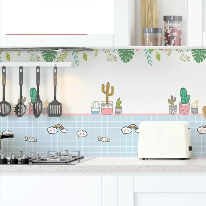 Decal dán tường Giấy dán bếp màu trắng tráng nhôm dễ lau chùi, họa tiết mây trắng lá xanh trang trí bếp đẹp 0.6m x 5m