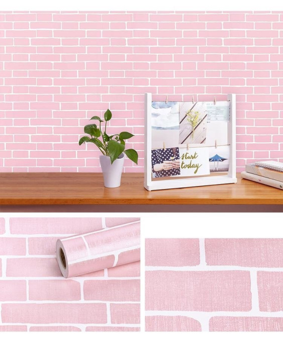 giấy dán tường 3d giả gạch decal cuộn gạch hồng, có sẵn keo, dán tường phòng bé, phòng ngủ trường mầm non, giá rẻ ở TPHCM