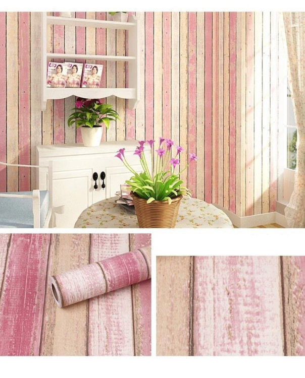 Giấy dán tường giả gỗ sắc màu sọc màu hồng, dán tường phòng khách, khổ 45cm sau dán 4,5m2 tại TPHCM