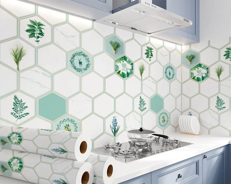 Decal dán tường Giấy decal dán bếp hình lục giác