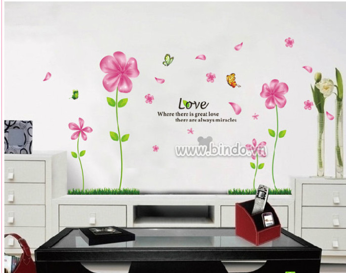 Decal dán tường Decal hoa 5 cánh hồng có sẵn keo chi tiết rời dán tường đẹp khổ 150cm x 80cm