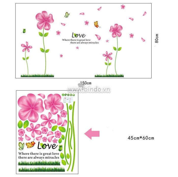 Decal dán hoa 5 cánh hồng, chi tiết rời, dán tường sau tivi, tại TPHCM khổ lớn 1,5 x 0,8 (m) (dài x rộng) - 4
